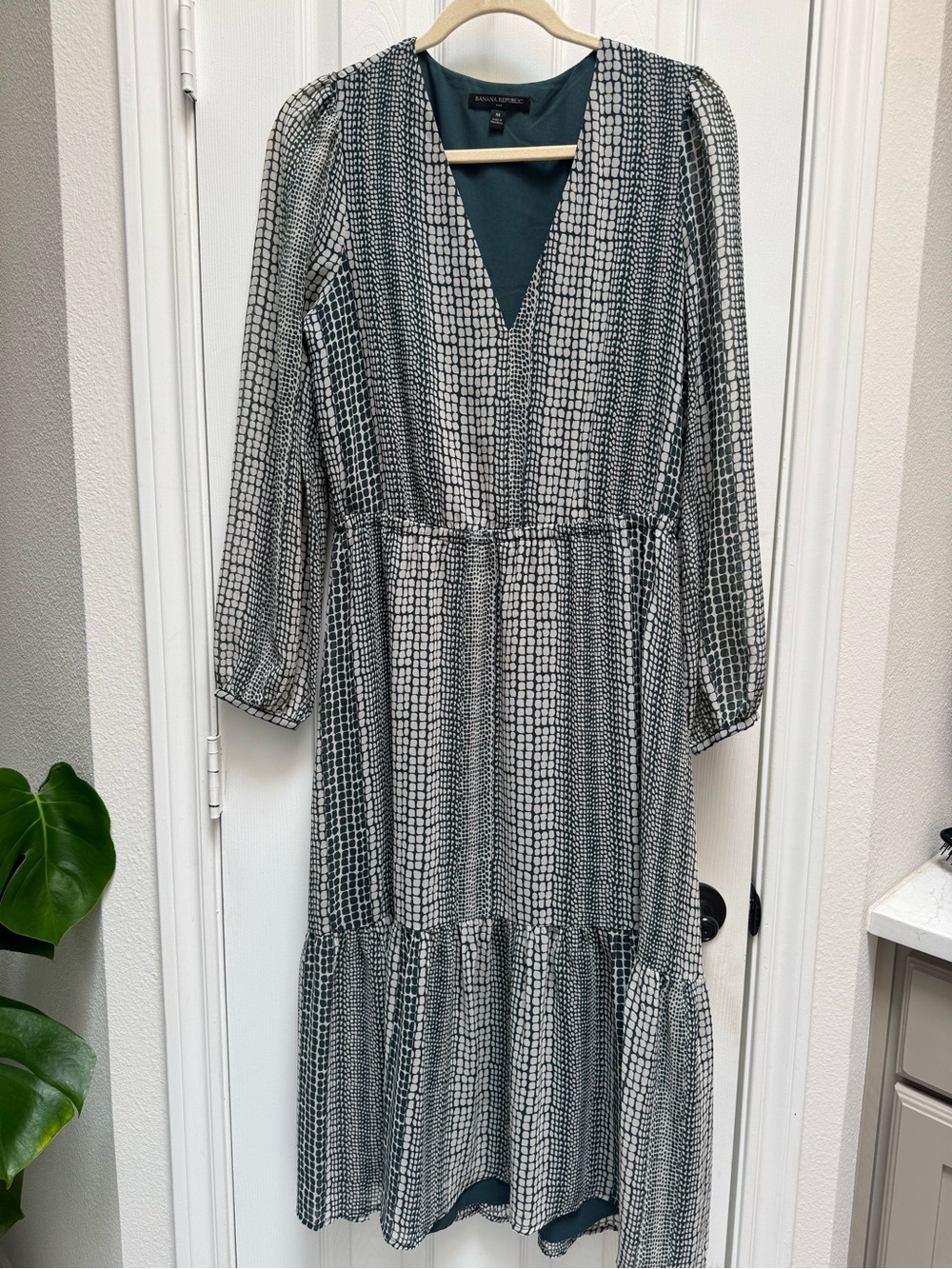 Banana Republic dark green/ Teal-Green Patterned V-Neck Tiered Midi Dress